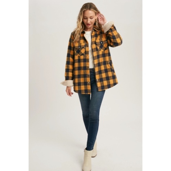 SOLD OUT Mustard Buffalo Plaid Sherpa Lined Shacket Shirt Jacket - Picture 4 of 6
